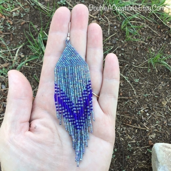 𝅺RAINBOW Gunmetal and Navy Beaded Earrings with Fringe - Picture 8 of 10